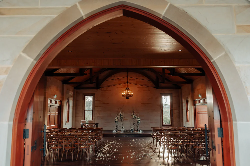 peterson house wedding ceremony setup in the chapel